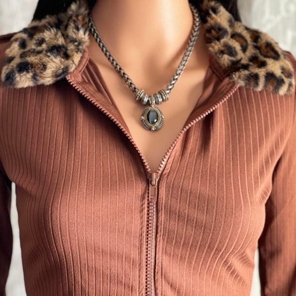 NWOT Derek Heart Brown Faux Fur Collar Zip Top Indie Grunge Clueless Size S - Picture 3 of 8